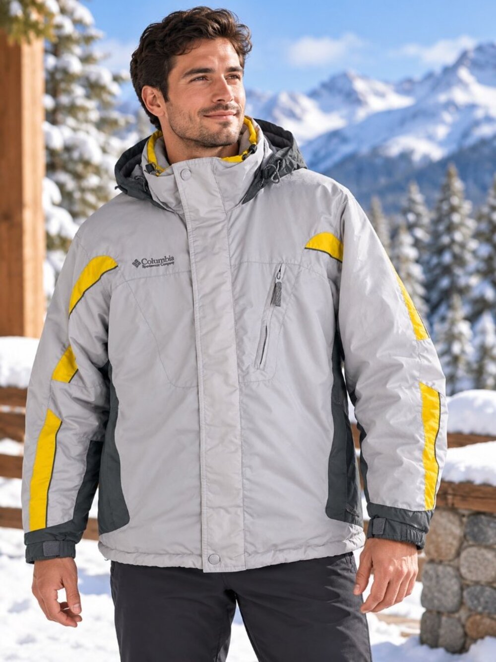 Vintage Columbia Mens Medium Gray Yellow Hooded Ski Puffer Jacket EUC